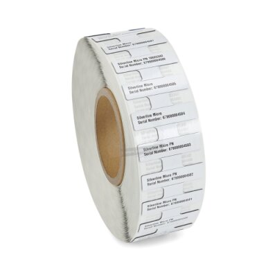 Próbka etykiet termotransferowych poliestrowych RFiD Zebra Printable White PET Silverline Micro Monza 4i 869mHz z uniwersalnym trwałym klejem białe 45x13mm rdzeń 76mm