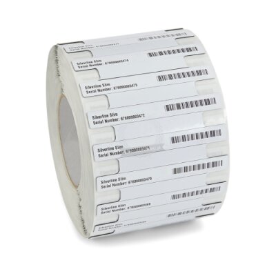 Próbka etykiet termotransferowych poliestrowych RFiD Zebra Printable White PET Silverline Slim Monza 41 869mHz z uniwersalnym trwałym klejem białe 100x13 mm rdzeń 76mm