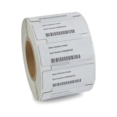 Próbka etykiet termotransferowych poliestrowych RFiD Zebra Printable White PET Silverline Classic Monza 4i 869mHz z uniwersalnym trwałym klejem białe 100x40mm rdzeń 76mm